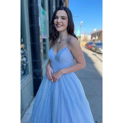 Plunging V-neck Sky Blue Sparkly Prom Dress