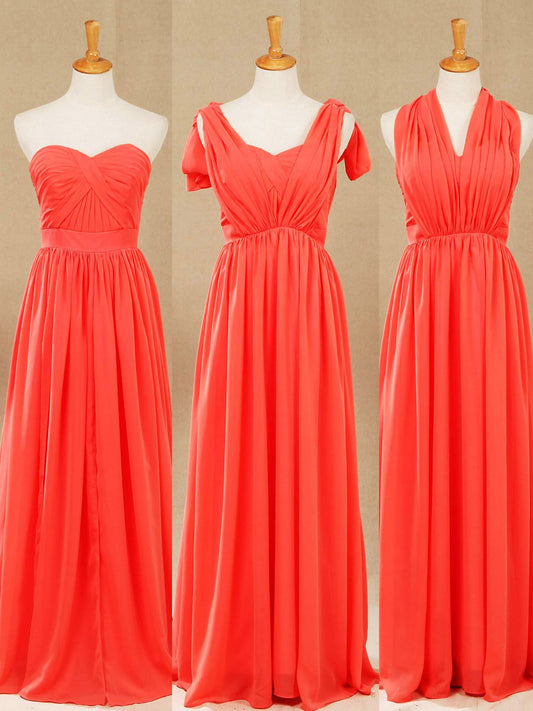 Convertible Coral Chiffon Bridesmaid Dress A-line One Shoulder Halter-neck Strapless Sweetheart