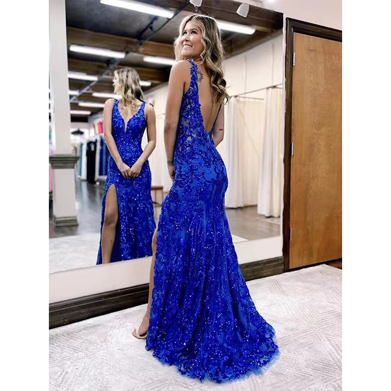 Evening Dress Royal Blue Ball V-Neck Open Back Party Evening Dress