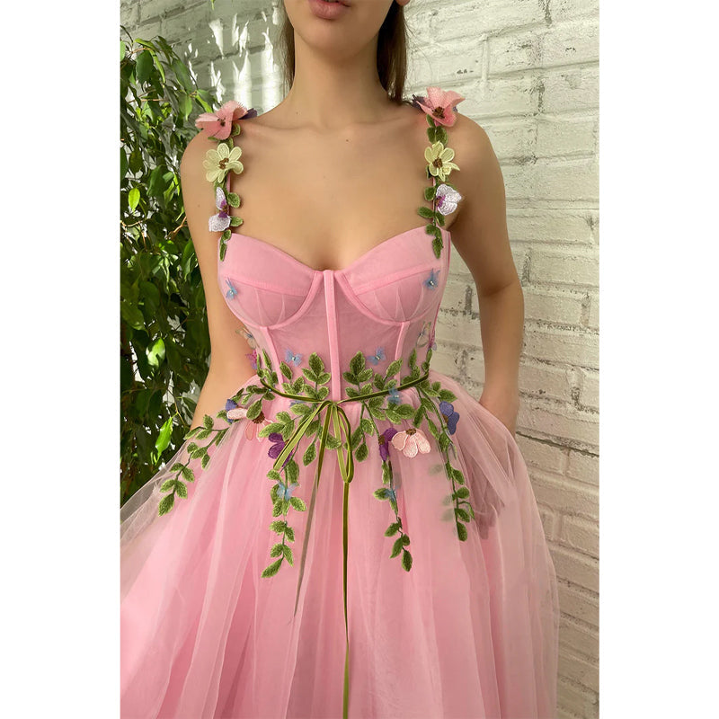 Spaghetti Straps Sweetheart 3d Appliques Pink Prom Dress with Pockets