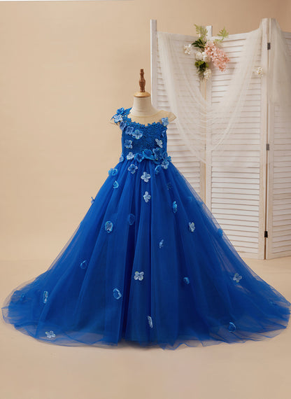 Princess Ball Gown Flower Girl Dress with Appliques and Bow Royal Blue