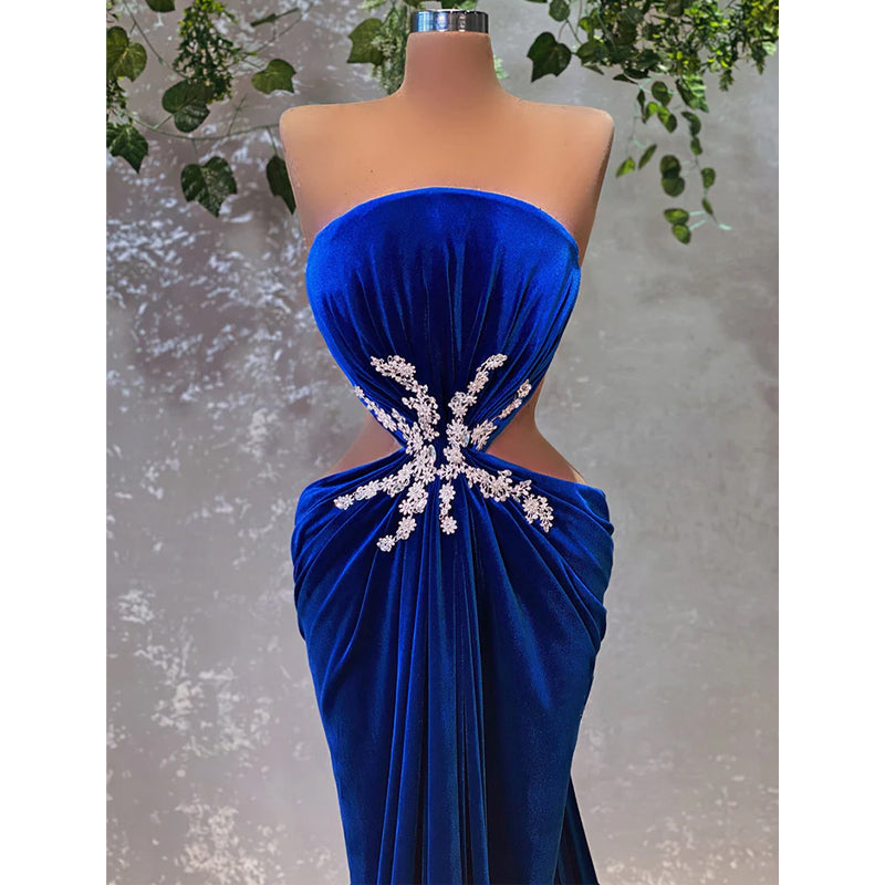 Velvet Beaded Strapless Royal Blue Long Prom Dress with Slit Evening Gowns