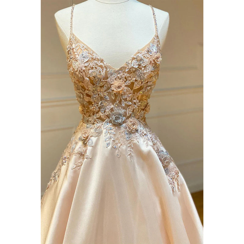 Spaghetti Straps Appliques Ball Gown Long Prom Dress