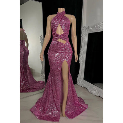 Trumpet/Mermaid Sexy Halter Sleeveless Slit Sequins Backless Evening Prom Dress