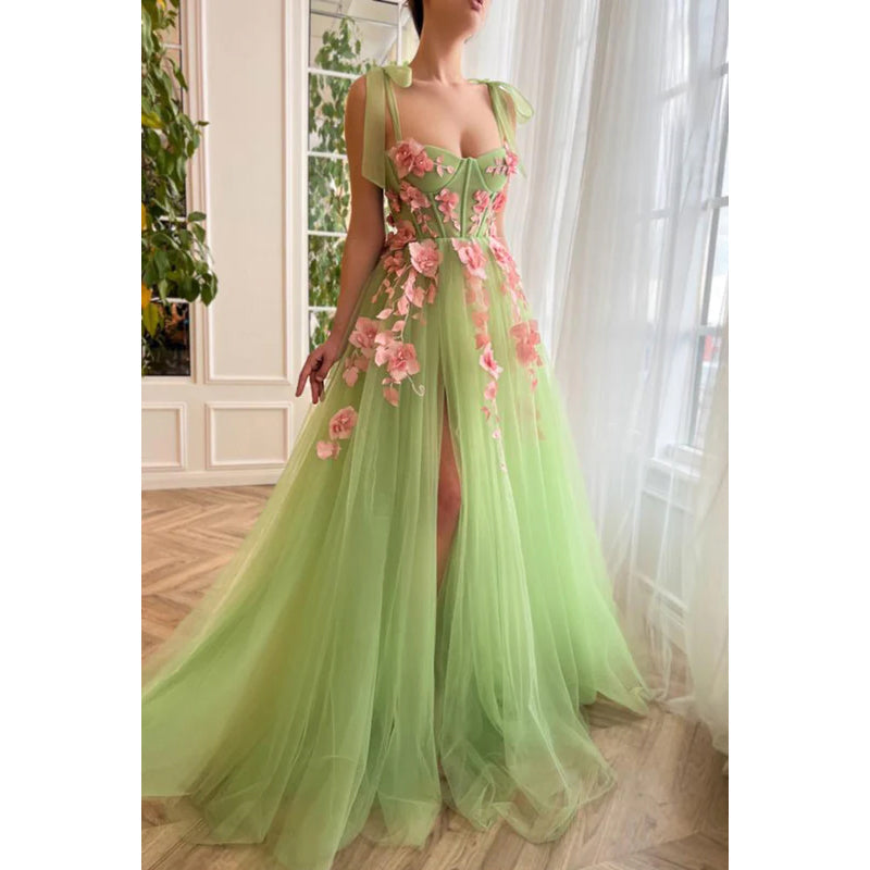 Sweetheart Appliqued Tulle A-Line Long Prom Gown With Slit