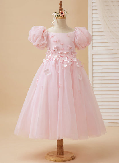 Puffy Sleeves Off-Shoulder 3D Floral Appliques Tulle Tea-length Flower Girl Dress