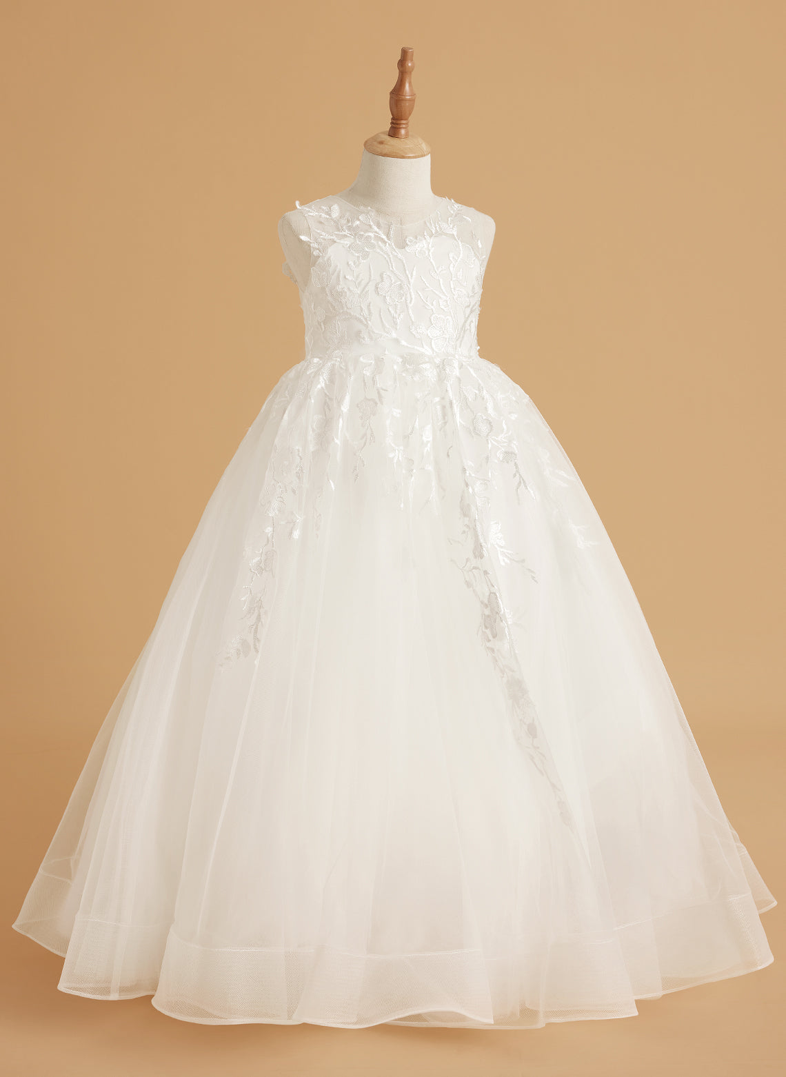 Ivory Lace and Tulle Flower Girl Dress with Floor-Length Design and Elegant Bow (2003227417)