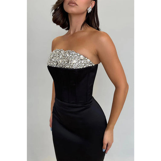 Sheath/column Strapless Beaded Black Long Prom Dress Evening Gowns