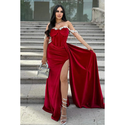 Elegant & Luxurious Off-Shoulder Rhinestones Cap Sleeves Ruched Slit Sheath Prom Dress