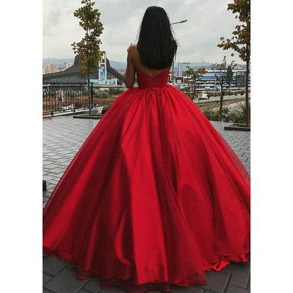 Ball Gown Red Tulle V-neck Long Prom Dress Formal Evening Gowns