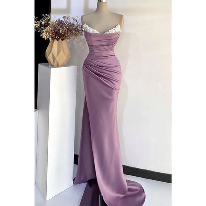 V-neck Strapless Beaded Pleats with Side Slit Party Prom Evening Dress