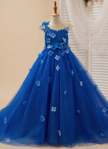 Princess Ball Gown Flower Girl Dress with Appliques and Bow Royal Blue