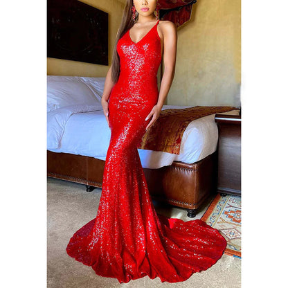 V-Neck Spaghetti Straps Sequined Mermaid Long Prom Gown