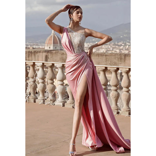 Elegant & Luxurious Sheath/Column One Shoudler Side Slit Sleeveless Ruched Prom Dress