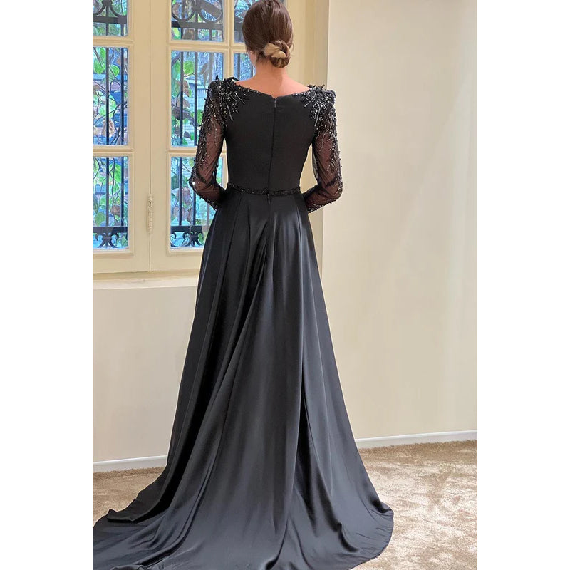 Sheath/Column Square Satin Appliques Long Sleeves Formal Dress