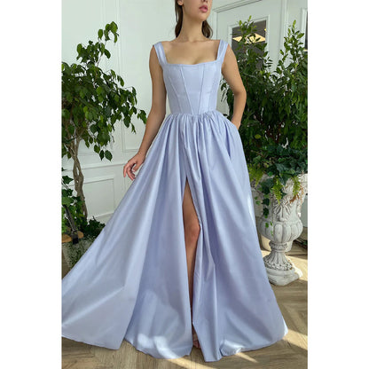 Double Straps Scoop High Split Satin A-line Long Prom Dress with Pockets