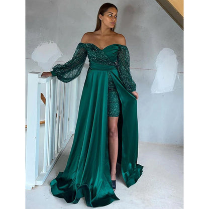 Chic Off The Shoulder Sequins Long Sleeves High Split Long Formal Evening Dress