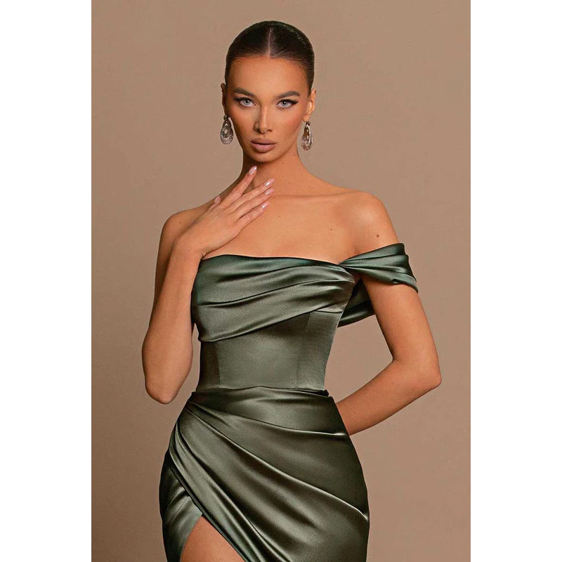 Strapless One Shoulder Ruched Long Prom Evening Dress With Slit