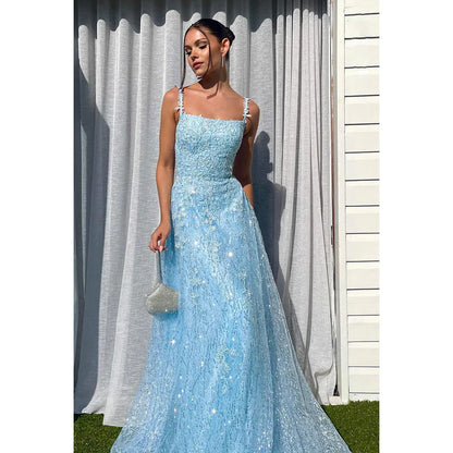 Spaghetti Straps Lace Appliqued Tulle A-Line Long Prom Gown