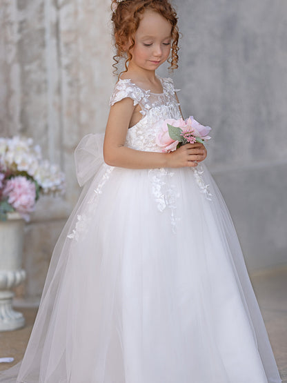 Ivory Princess Gown with Lace Appliques and Tulle Bow | Short Sleeve Ankle-Length Tulle Flower Girl Dress