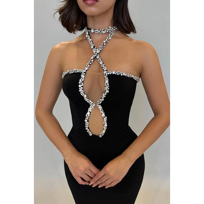 Sexy Neckholder-Abendkleid mit ärmellosem Strasssteinen und Ballkleid