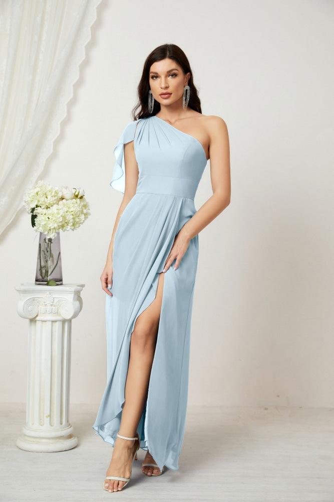 Numbersea Chiffon Ruffled One Shoulder Long Bridesmaid Dresses A-line Formal Evening Gown Side Split 2809-numbersea