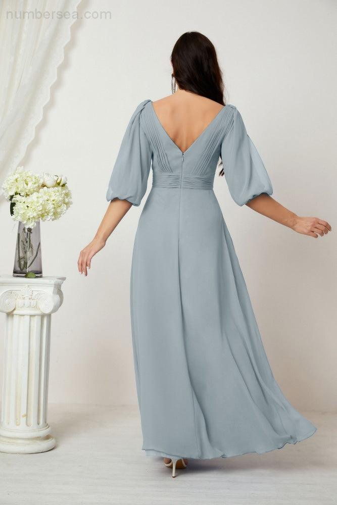 Numbersea Formal Prom Gown Women V-Neck Chiffon Bridesmaid Dresses Long Bishop Sleeve Party Dress 2807-numbersea