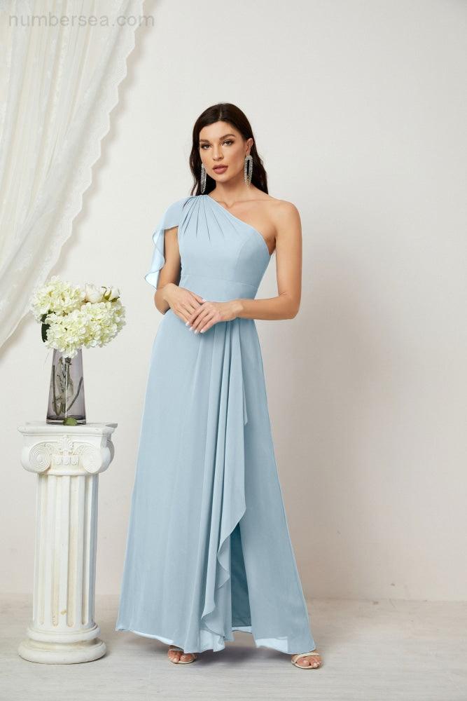 Numbersea Chiffon Ruffled One Shoulder Long Bridesmaid Dresses A-line Formal Evening Gown Side Split 2809-numbersea