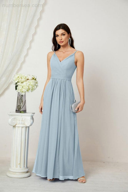 Numbersea Chiffon V-Neck Bridesmaid Dress Spaghetti Strap Long Formal Party Prom Gowns with Slit 28010-numbersea