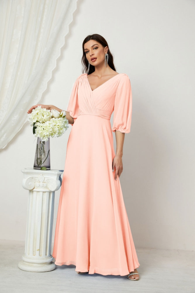 Numbersea Formal Prom Gown Women V-Neck Chiffon Bridesmaid Dresses Long Bishop Sleeve Party Dress 2807-numbersea