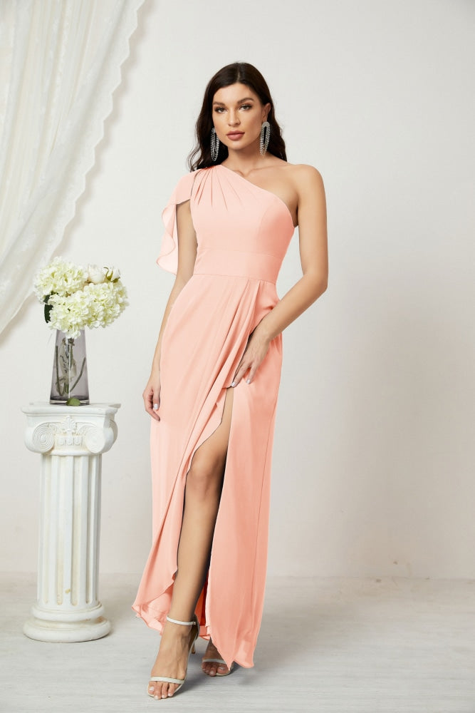 Numbersea Chiffon Ruffled One Shoulder Long Bridesmaid Dresses A-line Formal Evening Gown Side Split 2809-numbersea