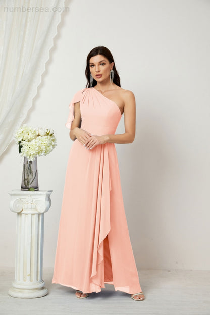 Numbersea Chiffon Ruffled One Shoulder Long Bridesmaid Dresses A-line Formal Evening Gown Side Split 2809-numbersea