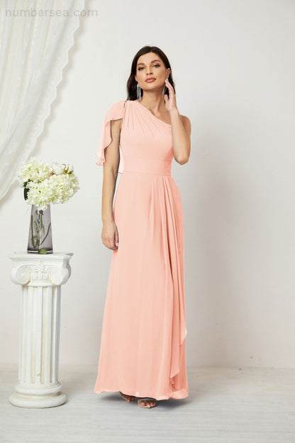 Numbersea Chiffon Ruffled One Shoulder Long Bridesmaid Dresses A-line Formal Evening Gown Side Split 2809-numbersea