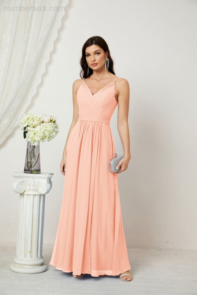 Numbersea Chiffon V-Neck Bridesmaid Dress Spaghetti Strap Long Formal Party Prom Gowns with Slit 28010-numbersea