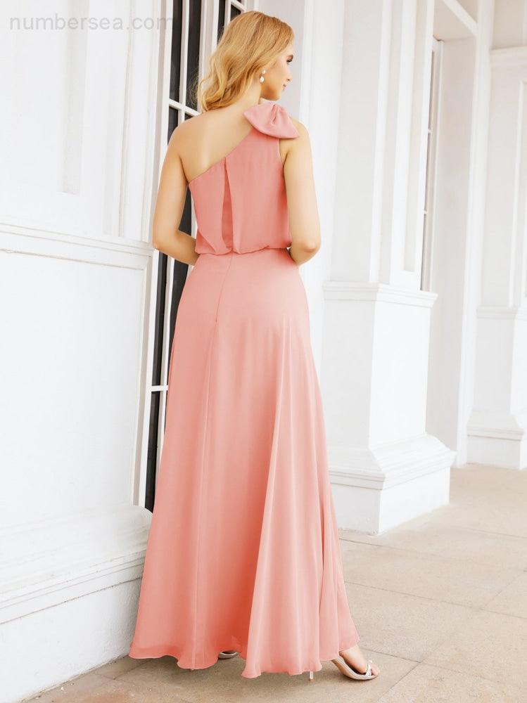 Numbersea Chiffon Ruffled One Shoulder Sleeveless Long Bride Dresses A-line Formal Evening Gown Side Split 28057-numbersea