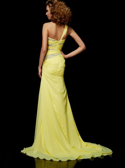 Sheath/Column One-Shoulder Beading Sleeveless Long Chiffon Dresses