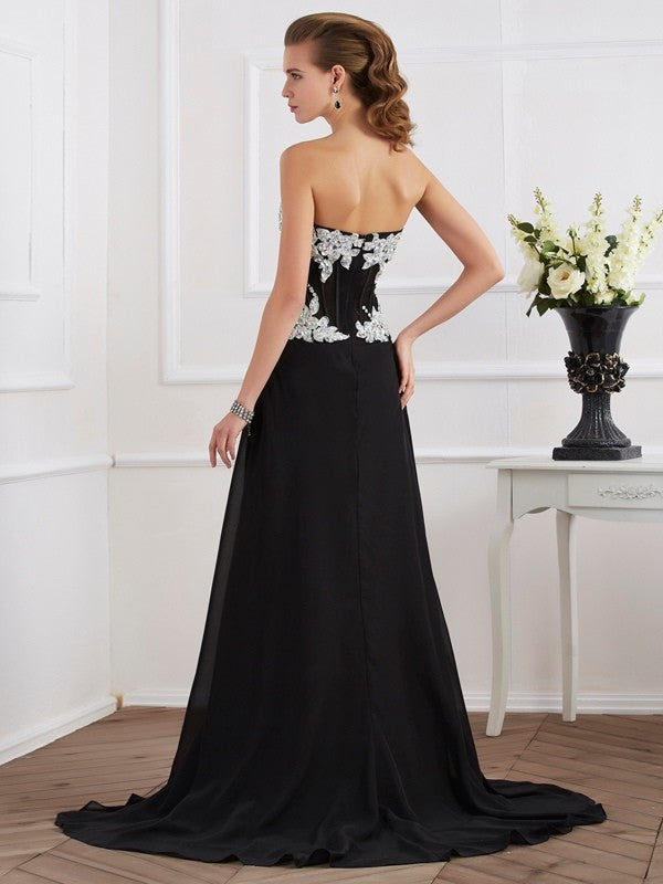 Sheath/Column Sweetheart Sleeveless Beading Applique Long Chiffon Dresses