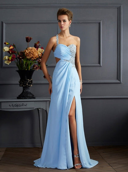 Sheath/Column One-Shoulder Sleeveless Long Beading Chiffon Dresses