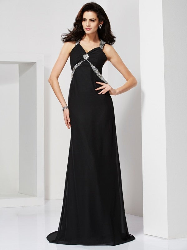 Numbersea Sheath Column Straps Sleeveless Beading Long Chiffon Dresses