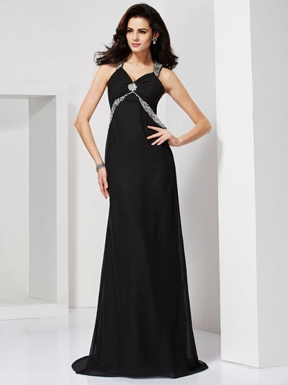 Numbersea Sheath Column Straps Sleeveless Beading Long Chiffon Dresses