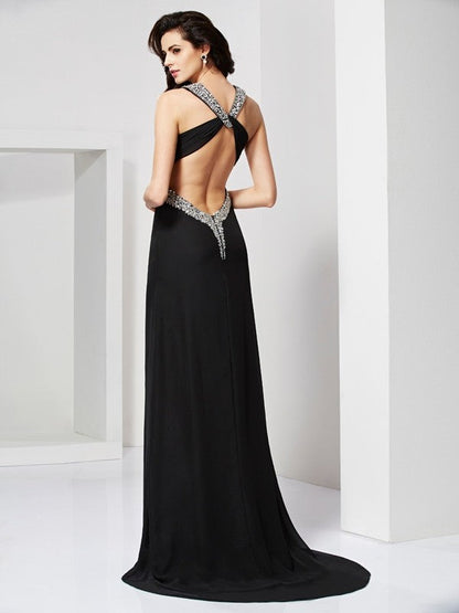 Numbersea Sheath Column Straps Sleeveless Beading Long Chiffon Dresses