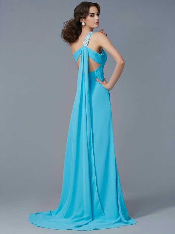 Sheath/Column One-Shoulder Sleeveless Beading Applique Long Chiffon Dresses