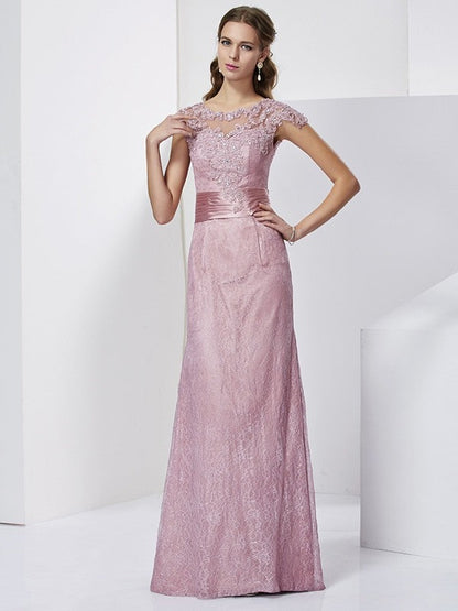 Sheath/Column High Neck Short Sleeves Lace Long Elastic Woven Satin Mother of the Bride Dresses