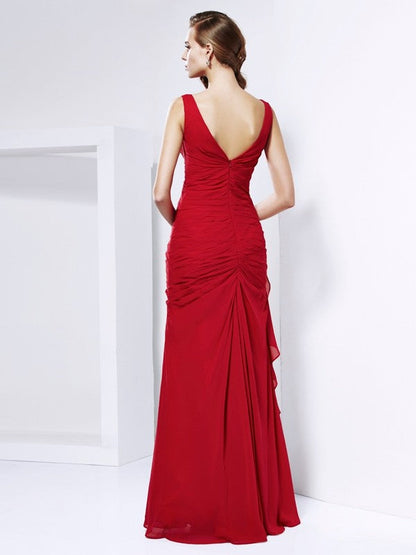 Sheath/Column V-neck Sleeveless Ruched Long Chiffon Dresses