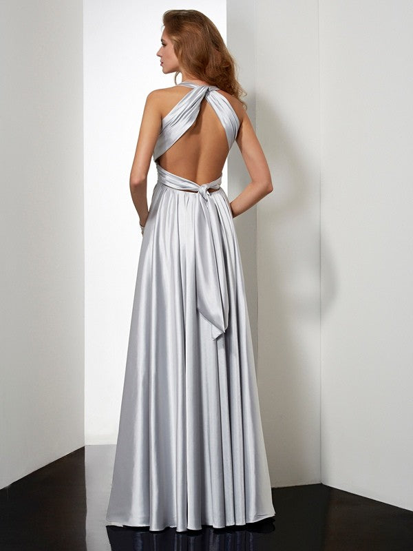 Sheath/Column Halter Sleeveless Pleats Long Elastic Woven Satin Dresses