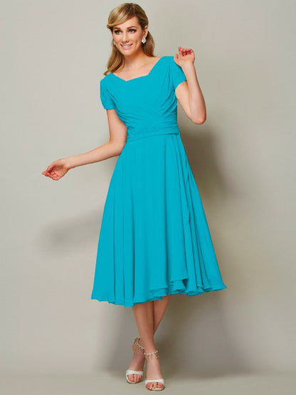 Sheath/Column Bateau Short Sleeves Ruffles Short Chiffon Tea-Length Bridesmaid Dresses