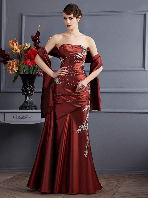 Sheath/Column Strapless Sleeveless Beading Long Taffeta Dresses