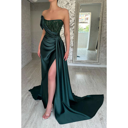 Strapless Bedaed Green Illusion Pleats Satin Long Prom Dress with Sweep Train