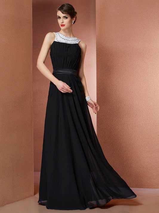 Sheath/Column Scoop Sleeveless Beading Long Chiffon Dresses