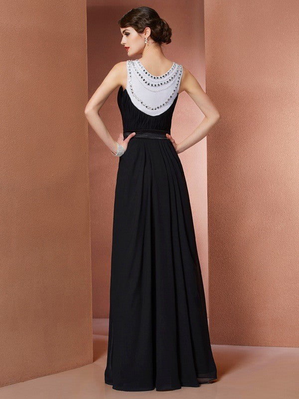 Sheath/Column Scoop Sleeveless Beading Long Chiffon Dresses